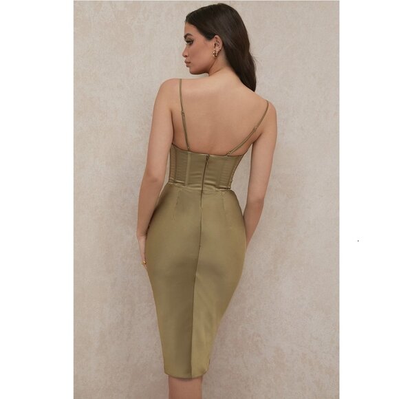 new tag defaced House of CB Myrna Olive Corset Satin Slip Dress Timeless Elegant - Picture 12 of 16